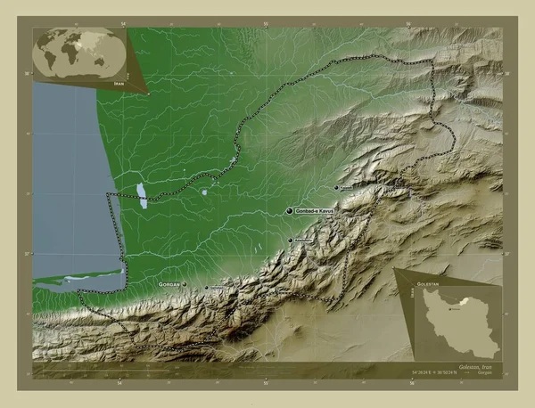 Golestan Provincia Irán Mapa Elevación Coloreado Estilo Wiki Con Lagos —  Fotos de Stock
