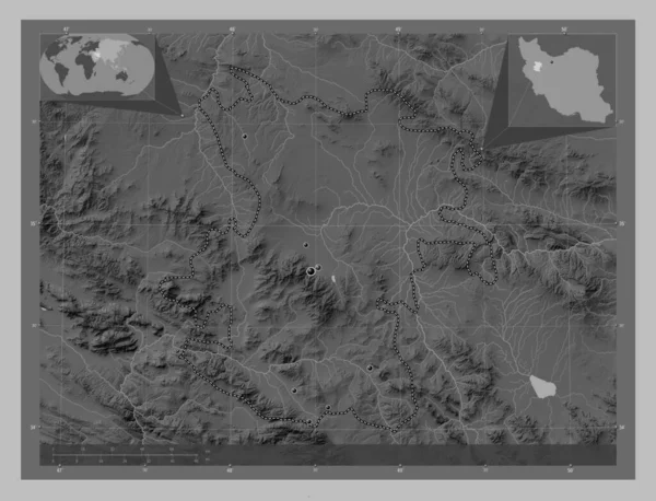 Hamadán Provincia Irán Mapa Elevación Escala Grises Con Lagos Ríos — Foto de Stock