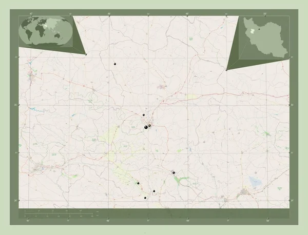 Hamadan Prowincja Iranu Otwórz Mapę Ulic Lokalizacje Dużych Miast Regionu — Zdjęcie stockowe