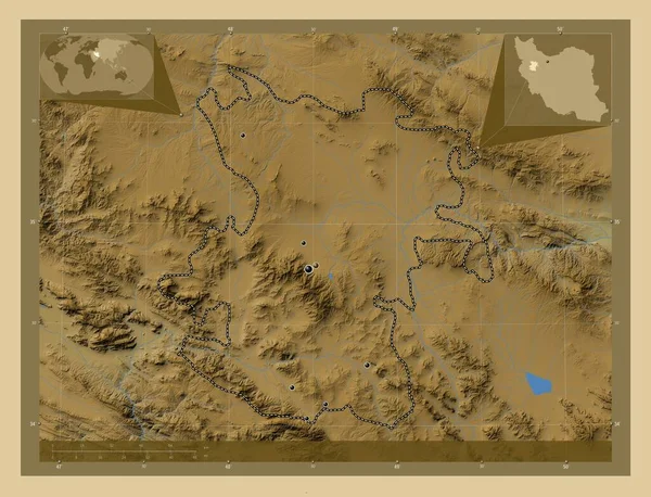 イランのハマダーン 湖や川と色の標高マップ 地域の主要都市の場所 コーナー補助位置図 — ストック写真