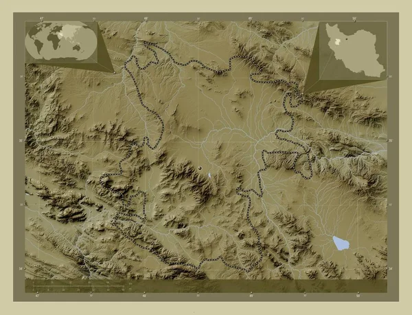 伊朗哈巴丹省 用Wiki风格绘制的带有湖泊和河流的高程地图 角辅助位置图 — 图库照片