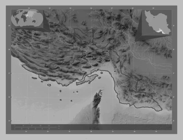 Hormozgan Provinz Iran Graustufen Höhenkarte Mit Seen Und Flüssen Standorte — Stockfoto