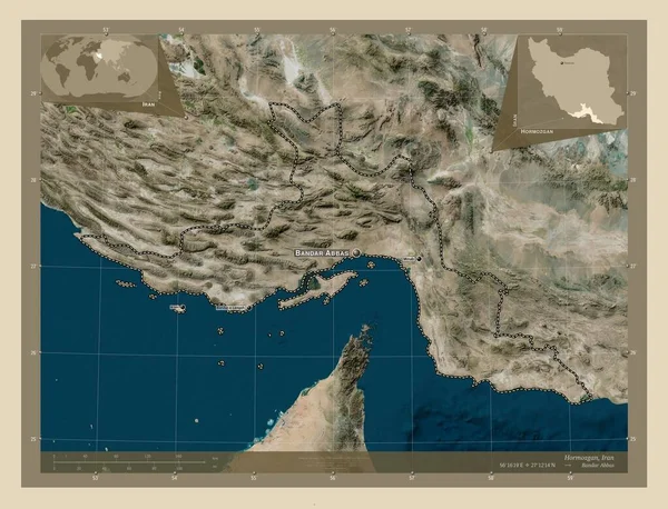 Hormozgan 伊朗省 高分辨率卫星地图 该区域主要城市的地点和名称 角辅助位置图 — 图库照片