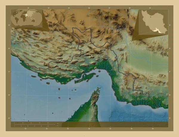 Хормозган Провинция Иран Цветная Карта Высоты Озерами Реками Места Расположения — стоковое фото