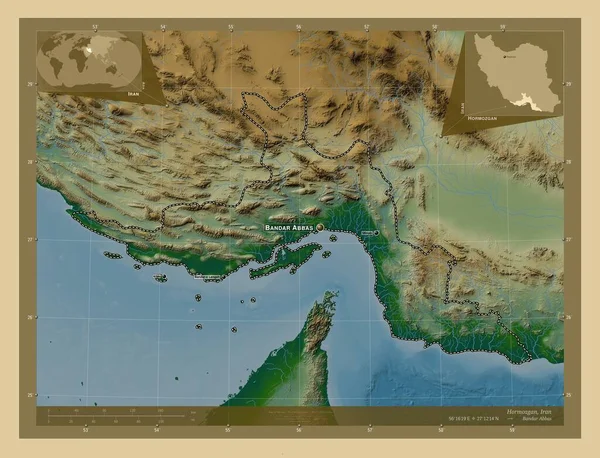 Hormozgan Provincia Irán Mapa Elevación Colores Con Lagos Ríos Ubicaciones — Foto de Stock