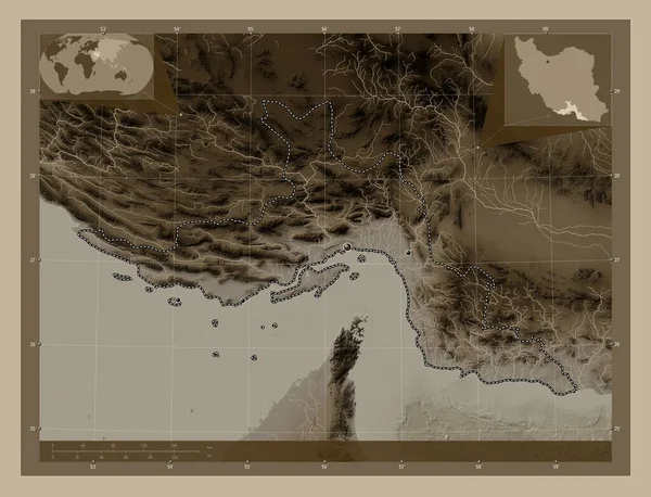 Hormozgan Provincia Irán Mapa Elevación Coloreado Tonos Sepia Con Lagos —  Fotos de Stock