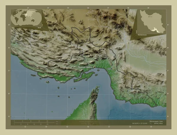 イランの州ホルモガン 湖や川とWikiスタイルで着色された標高マップ 地域の主要都市の位置と名前 コーナー補助位置図 — ストック写真