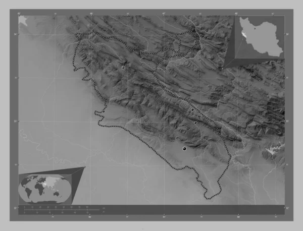 Ilam Province Iran Grayscale Elevation Map Lakes Rivers Locations Major — Stock Photo, Image