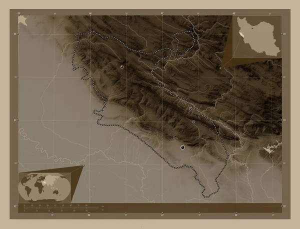 Илам Провинция Иран Карта Высоты Окрашенная Сепиевые Тона Озерами Реками — стоковое фото