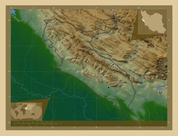 Ilam Prowincja Iranu Kolorowa Mapa Wzniesień Jeziorami Rzekami Lokalizacje Dużych — Zdjęcie stockowe