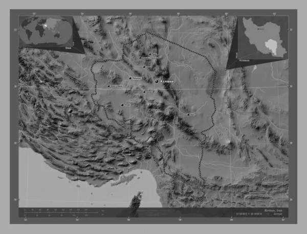 Kerman Provincia Irán Mapa Elevación Bilevel Con Lagos Ríos Ubicaciones —  Fotos de Stock