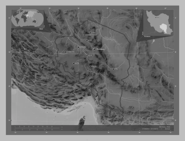 Kerman 伊朗省 带有湖泊和河流的灰度高程图 该区域主要城市的地点和名称 角辅助位置图 — 图库照片