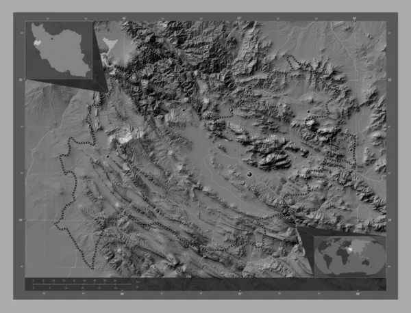Kermanshah Provincia Irán Mapa Elevación Bilevel Con Lagos Ríos Ubicaciones — Foto de Stock