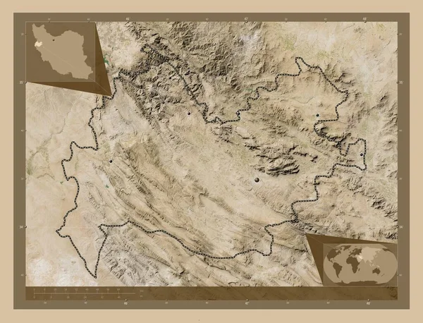 イランのカーマンシャー州 低解像度衛星地図 地域の主要都市の場所 コーナー補助位置図 — ストック写真