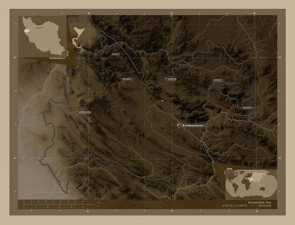 Kermanshah Provincia Irán Mapa Elevación Coloreado Tonos Sepia Con Lagos —  Fotos de Stock