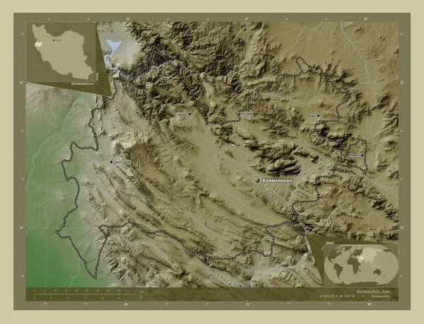 イランのカーマンシャー州 湖や川とWikiスタイルで着色された標高マップ 地域の主要都市の位置と名前 コーナー補助位置図 — ストック写真