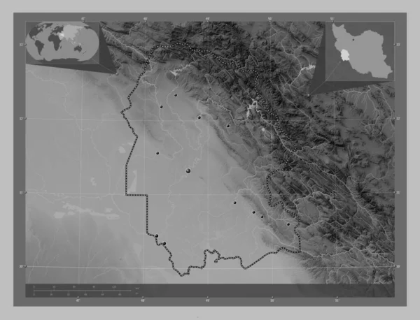 イランのクゼスタン州 湖や川とグレースケールの標高マップ 地域の主要都市の場所 コーナー補助位置図 — ストック写真