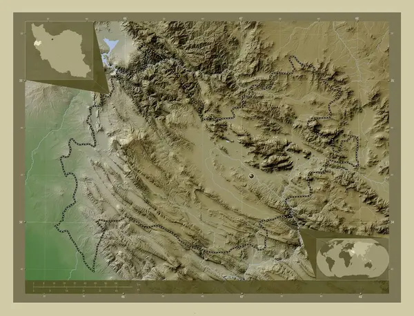 イランのカーマンシャー州 湖や川とWikiスタイルで着色された標高マップ コーナー補助位置図 — ストック写真