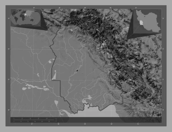 胡齐斯坦省 带湖泊和河流的比尔维尔高程图 角辅助位置图 — 图库照片