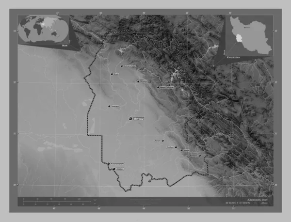 胡齐斯坦省 带有湖泊和河流的灰度高程图 该区域主要城市的地点和名称 角辅助位置图 — 图库照片
