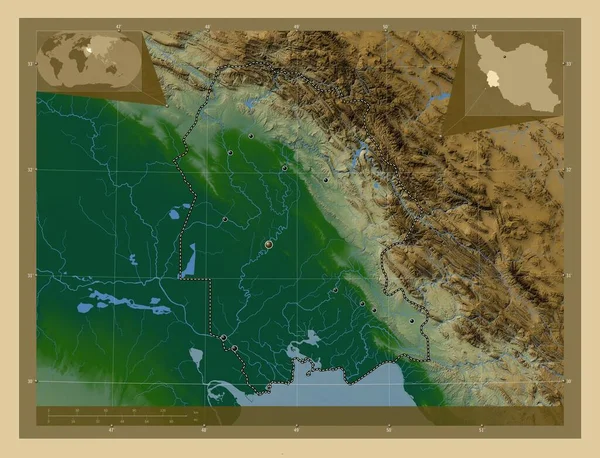 Khuzestan Provincie Iran Gekleurde Hoogtekaart Met Meren Rivieren Locaties Van — Stockfoto