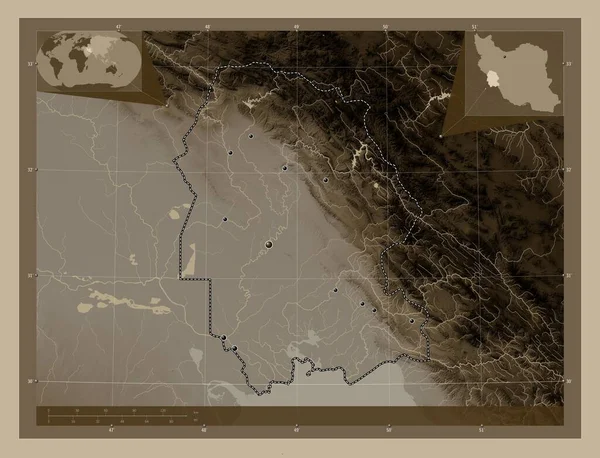 이란주의 탄이었습니다 세피아 색으로 지도는 호수와 강으로 울려퍼진다 지역의 도시들의 — 스톡 사진