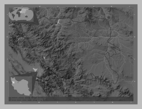 イランの州 コルデスタン 湖や川とグレースケールの標高マップ コーナー補助位置図 — ストック写真