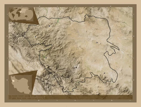 Kordestan Province Iran 低分辨率卫星地图 该区域主要城市的所在地点 角辅助位置图 — 图库照片