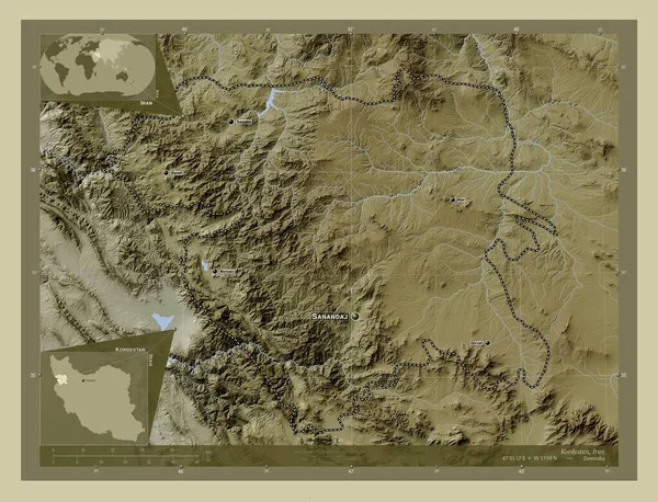 Kordestan Province Iran Elevation Map Colored Wiki Style Lakes Rivers — Stock Photo, Image