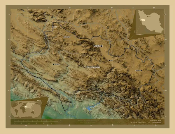 イランのロレスタン州 湖や川と色の標高マップ 地域の主要都市の位置と名前 コーナー補助位置図 — ストック写真
