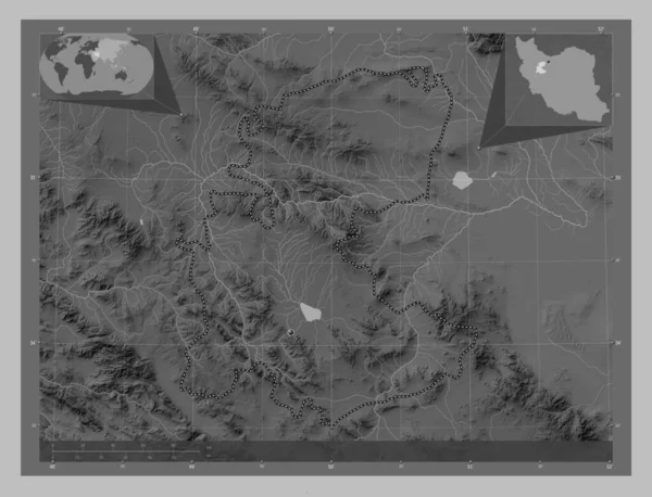 Markazi Province Iran Grayscale Elevation Map Lakes Rivers Corner Auxiliary — Stock Photo, Image