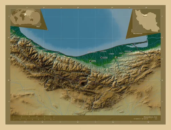 Mazandaran Provincia Irán Mapa Elevación Colores Con Lagos Ríos Ubicaciones —  Fotos de Stock