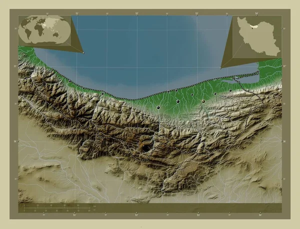 イランのマザナラン州 湖や川とWikiスタイルで着色された標高マップ 地域の主要都市の場所 コーナー補助位置図 — ストック写真
