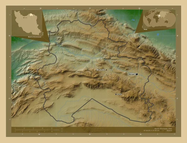 イランの北ホラサン州 湖や川と色の標高マップ 地域の主要都市の位置と名前 コーナー補助位置図 — ストック写真