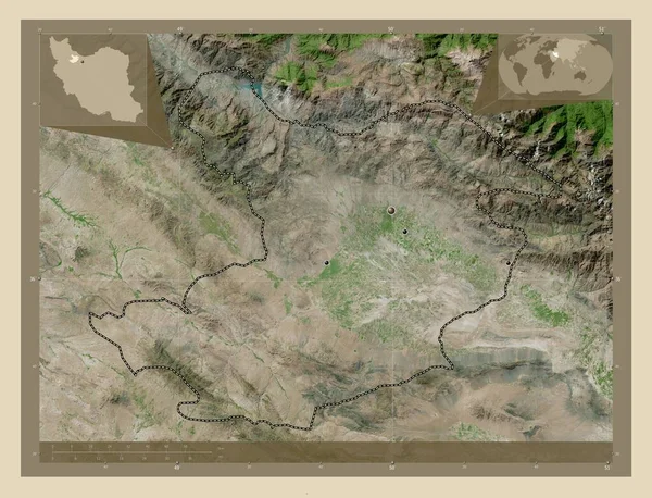 卡兹文 伊朗省 高分辨率卫星地图 该区域主要城市的所在地点 角辅助位置图 — 图库照片