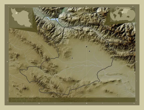 イランのカズヴィン県 湖や川とWikiスタイルで着色された標高マップ 地域の主要都市の場所 コーナー補助位置図 — ストック写真