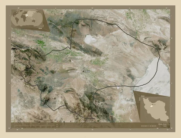 Qom 伊朗省 高分辨率卫星地图 该区域主要城市的地点和名称 角辅助位置图 — 图库照片