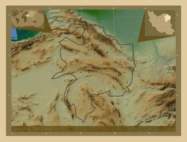 イラン共和国のラザヴィ コラサン 湖や川と色の標高マップ 地域の主要都市の場所 コーナー補助位置図 — ストック写真