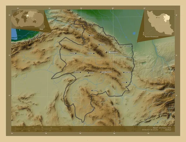 Разави Хорасан Провинция Иран Цветная Карта Высоты Озерами Реками Места — стоковое фото