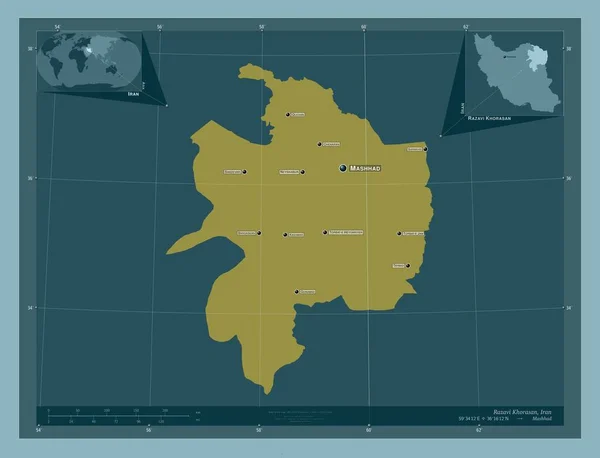 イラン共和国のラザヴィ コラサン しっかりした色の形 地域の主要都市の位置と名前 コーナー補助位置図 — ストック写真