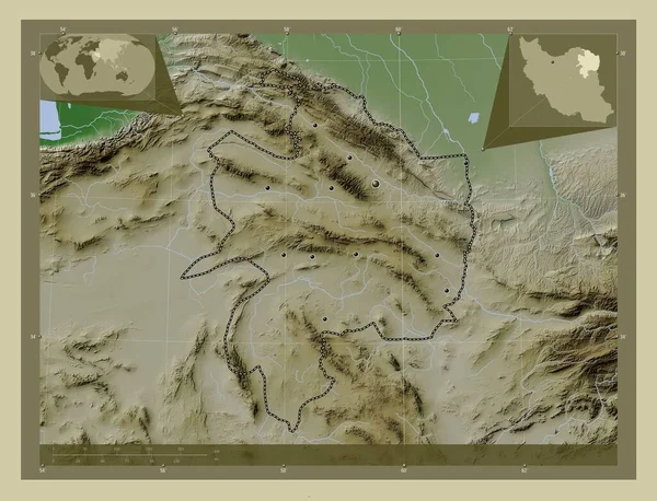 イラン共和国のラザヴィ コラサン 湖や川とWikiスタイルで着色された標高マップ 地域の主要都市の場所 コーナー補助位置図 — ストック写真