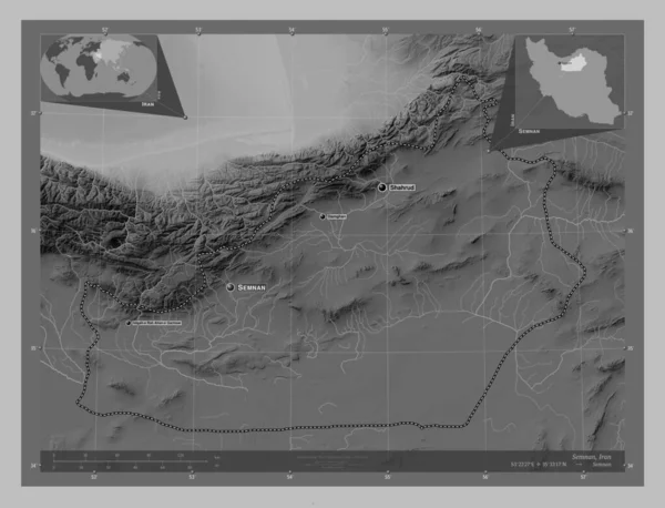 Semnan Provincie Iran Grayscale Hoogte Kaart Met Meren Rivieren Locaties — Stockfoto
