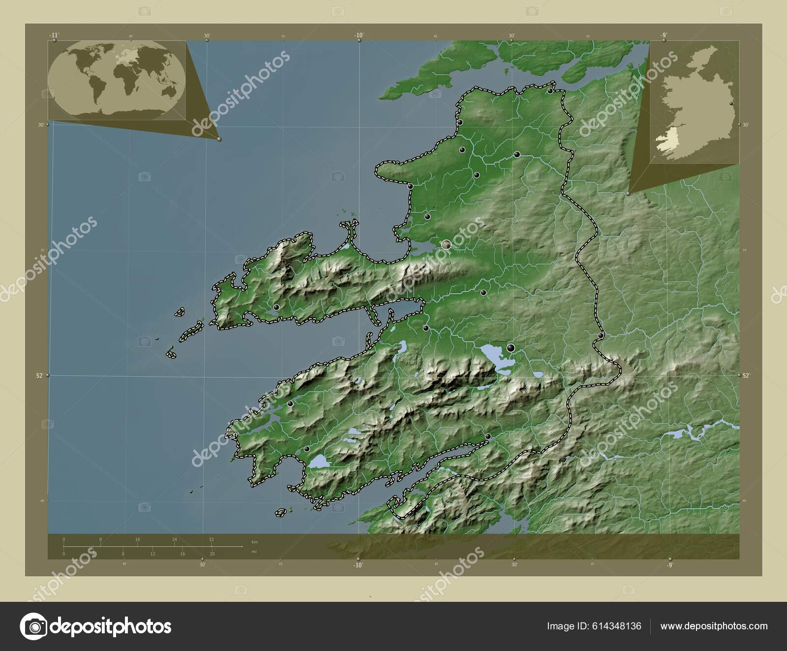 Керри Графство Ирландия Карта Высоты Окрашенная Вики Стиле Озерами.