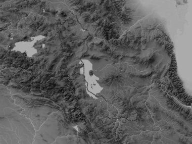 Batı Azarbaycan, İran vilayeti. Gölleri ve nehirleri olan gri tonlama yükseklik haritası