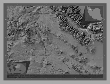 Zanjan, İran vilayeti. Göllü ve nehirli çift katlı yükseklik haritası. Köşedeki yedek konum haritaları