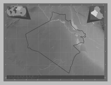 Al-Anbar, Irak vilayeti. Gölleri ve nehirleri olan gri tonlama yükseklik haritası. Köşedeki yedek konum haritaları