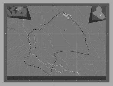 Al-Qadisiyah, Irak vilayeti. Göllü ve nehirli çift katlı yükseklik haritası. Bölgenin büyük şehirlerinin yerleri. Köşedeki yedek konum haritaları