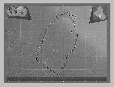 An-Najaf, Irak vilayeti. Gölleri ve nehirleri olan gri tonlama yükseklik haritası. Köşedeki yedek konum haritaları