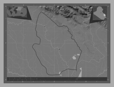 Maysan, Irak vilayeti. Göllü ve nehirli çift katlı yükseklik haritası. Bölgenin büyük şehirlerinin yerleri. Köşedeki yedek konum haritaları