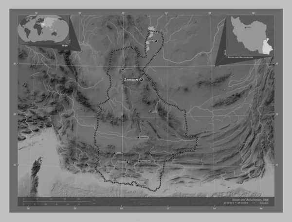 Sistan Baluchestan Province Iran Grayscale Elevation Map Lakes Rivers Locations — Stock Photo, Image